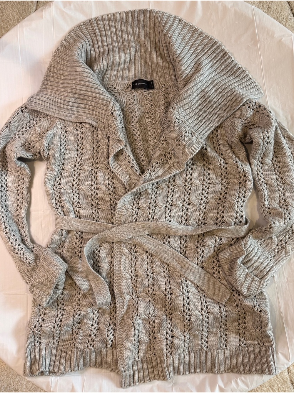 The Limited Open Knit Belted Shawl Collar Sweater Cardigan - Gray - L